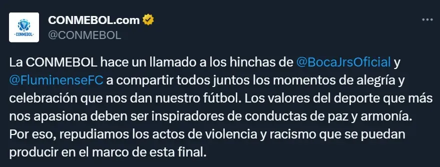 CONMEBOL emitió un comunicado tras los incidentes entre Boca y Fluminense.