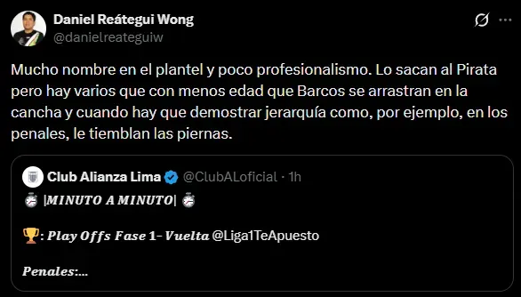 Destacan profesionalismo de Barcos por sobre compañeros (X @danielreateguiw).
