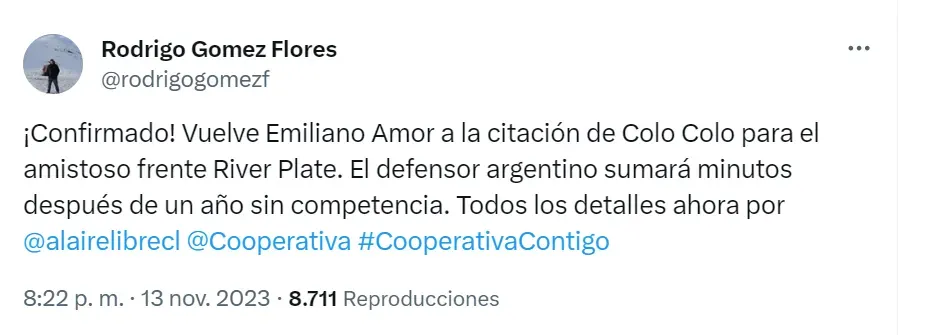 El periodista, Rodrigo Gómez informa la vuelta de Emiliano Amor. Fuente: