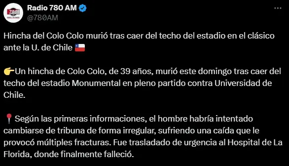 Hincha pierde la vida en el Clásico de Chile (Foto: X).