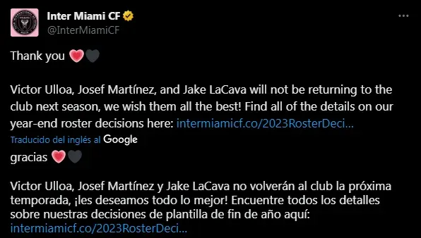 Inter MIami despidió a Josef Martinez y dos jugadores más. (Foto: X / @InterMiamiCF)