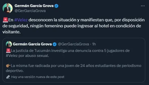 Los detalles de la denuncia contra los jugadores de Vélez (Twitter @GerGarciaGrova).