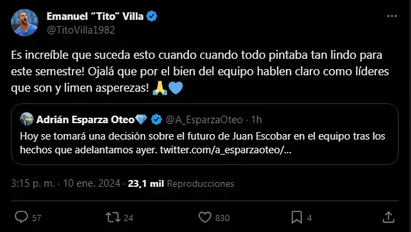 El mensaje de Tito Villa en sus redes sociales (Captura)