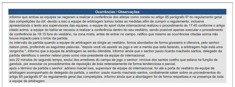 Súmula do árbitro. Foto: rede social X / Resistência Colorada