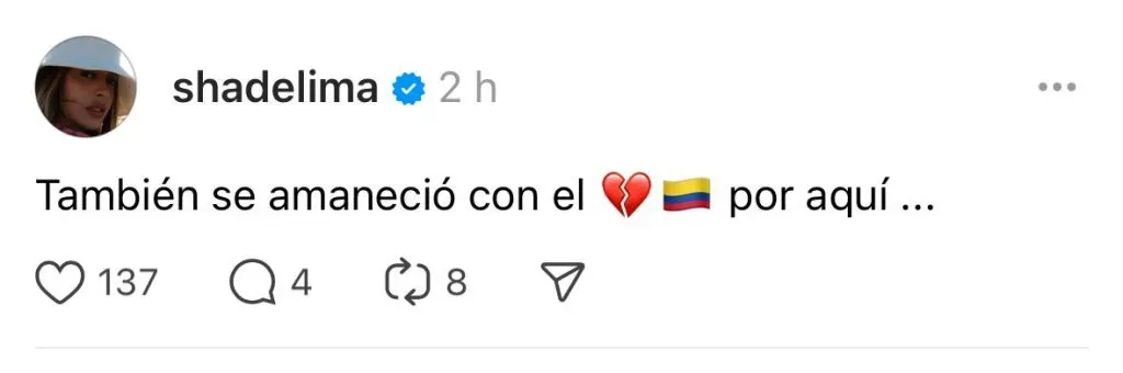 Reacción de Shannon de Lima a la derrota de Colombia. (Foto: Threads / @shadelima)