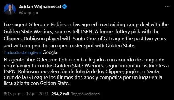 Warriors firmó a un base (Foto: Twitter / @wojespn)