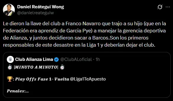 Critican a Franco Navarro por la salida de Barcos (X @danielreateguiw).