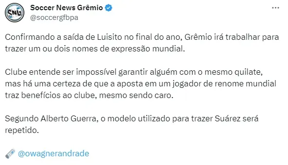 Grêmio já pensa em substituto de Luisito