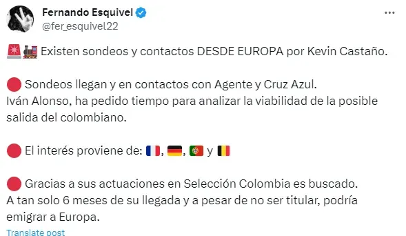 Publicación de Fernando Esquivel en su cuenta de X (antes Twitter)