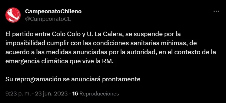 Partido de Colo Colo es suspendido por la ANFP | Foto: Twitter