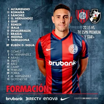 Escalação do San Lorenzo para o jogo contra o Vasco. Foto: Rede social X / San Lorenzo