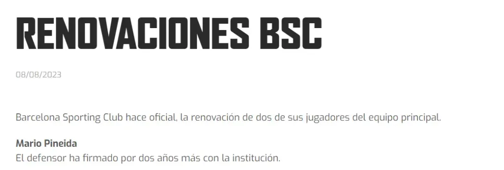 Captura de la web de Barcelona SC.