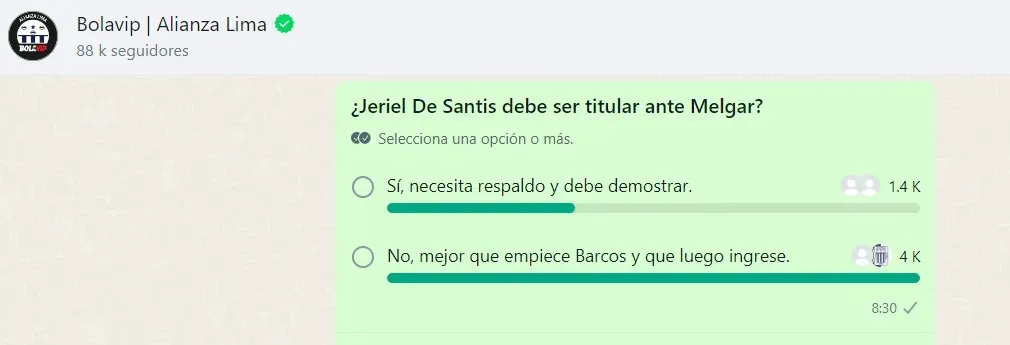 Encuesta Alianza en Bolavip. (Foto: Captura Whatsapp Bolavip)