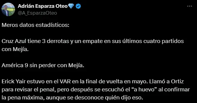 Adrián Esparza advirtió preocupación en Cruz Azul por el arbitraje. (@A_EsparzaOteo)