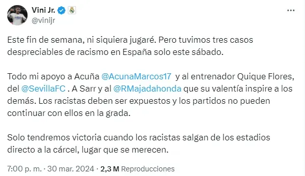 Posteo de Vinicius en su cuenta de Twitter.