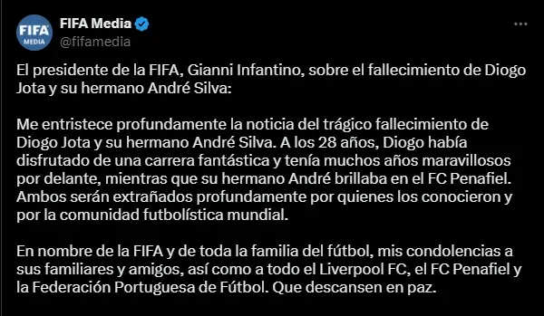 El mensaje de la FIFA luego de la tragedia.