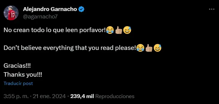 El posteo de Alejandro Garnacho. (Foto: Twitter)