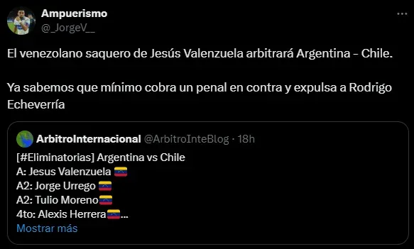 Jesús Valenzuela, criticado en Chile por la designación para el duelo ante Argentina (X @_JorgeV__).