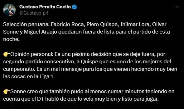 Gustavo Peralta da los detalles sobre la Selección Peruana. (Foto: Twitter).