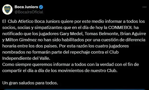 El comunicado oficial de Boca en sus redes sociales (Boca Oficial)