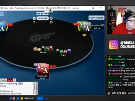 Parker Talbot se envolve em all in triplo com mais de 80% de chance de empate, mas encontra board perfeito