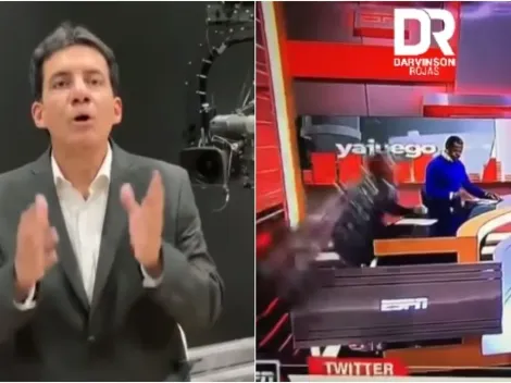 Cenário desaba durante programa da ESPN na Colômbia e atinge jornalista; assista