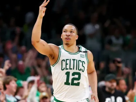 Boston Celtics’ Grant Williams on the fans side amid chants to Warriors’ star Draymond Green