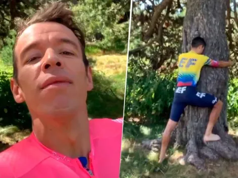 El curioso entrenamiento de Rigo Urán y sus compañeros... ¿abrazando árboles?