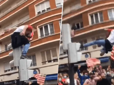 Video viral: un hincha del Athletic saltó desde un semáforo y cayó al suelo
