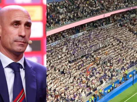 Pancarta y mensajes a Rubiales en el Bernabéu