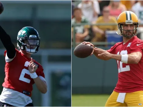 Zach Wilson impactado con Aaron Rodgers durante el entrenamiento de Packers y Jets