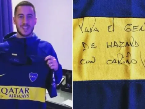 Hazard recibe la camiseta de Boca autografiada por Riquelme