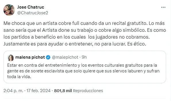 El tuit de Pepe Chatruc cuestionando a Lali Espósito.