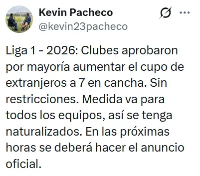 Periodista Kevin Pacheco confirmó cambios en la Liga 1 temporada 2026. (Foto: X)