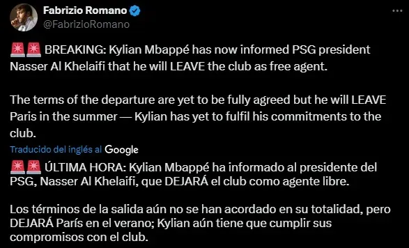 El tweet de Fabrizio Romano, confirmando la salida de Mbappé.