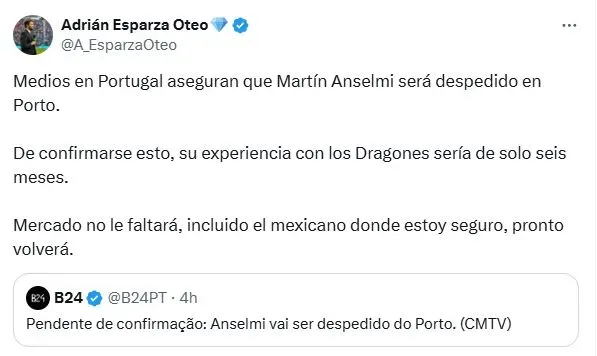 Martín Anselmi podría regresar a la Liga MX si es despedido (X)