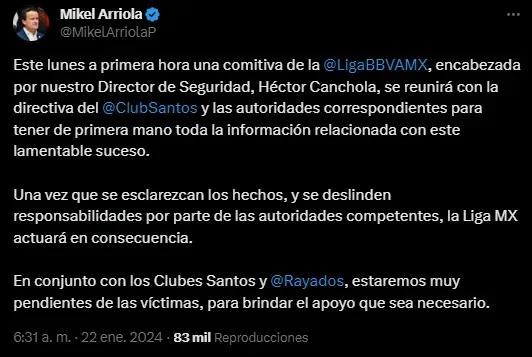 El comunicado de Mikel Arriola, presidente de la Liga MX.