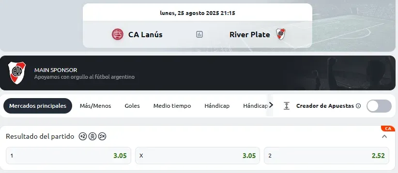 Captura realizada desde la web de Betano