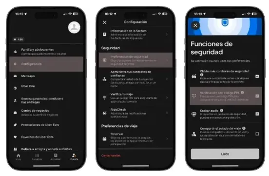 Preferencias de Seguridad en la app de Uber