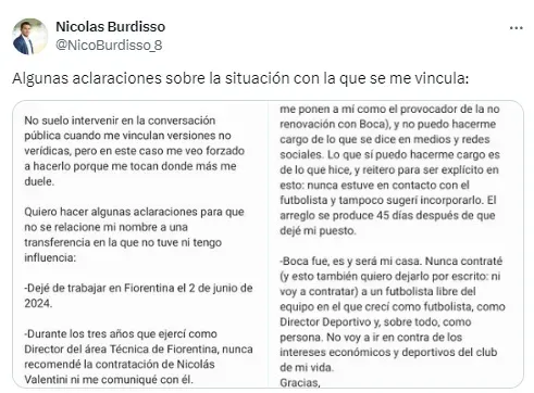 El comunicado de Burdisso.