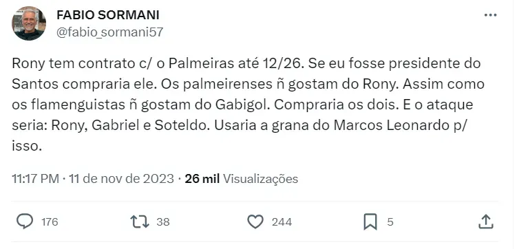 Sormani pede Rony no Santos.