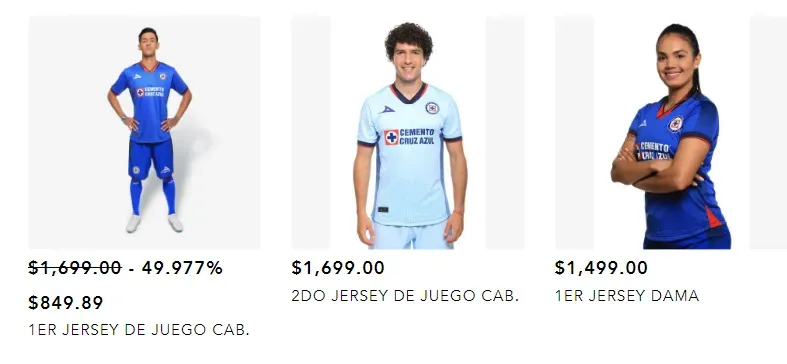 Los precios de las playeras actuales. (Foto: Cruz Azul)