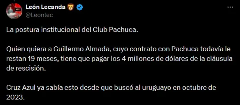 Atento Cruz Azul: Pachuca exige un pago millonario para liberar a Guillermo Almada. Noticias en tiempo real