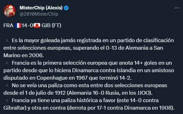 Los récords de Francia ante Gibraltar (Twitter @2010MisterChip).