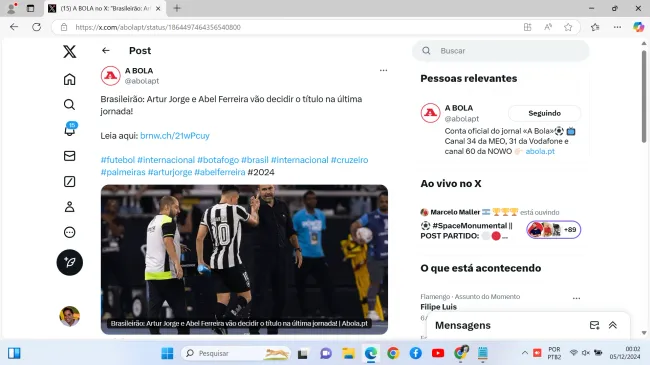 Manchete do jornal ‘A Bola’ coloca Artur Jorge em evidência na luta pelo título brasileiro – Foto: Reprodução