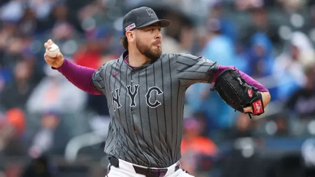 Mets’ Tylor Megill is preparing for a comeback after a right elbow injury, aiming to strengthen the rotation. Photo by Dustin Satloff/Getty Images