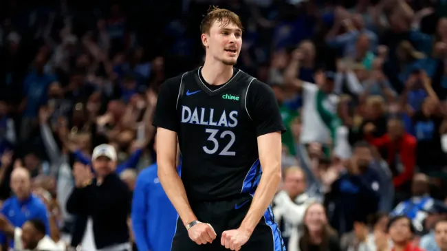Cooper Flagg celebrates during Mavericks game against Blazers. (Getty Images)
