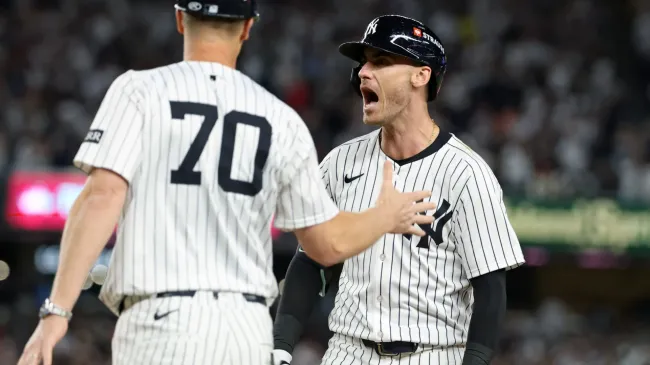 Cody Bellinger #35 of the New York Yankees celebrates after hitting a single. Al Bello/Getty Images