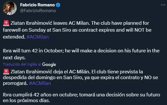 Fabrizio Romano confirma la salida de Ibrahimovic de Milan.