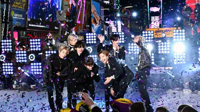 BTS performs during Dick Clark’s New Year’s Rockin’ Eve With Ryan Seacrest 2020 on December 31, 2019 in New York City. (Photo by Eugene Gologursky/Getty Images for Dick Clark Productions)